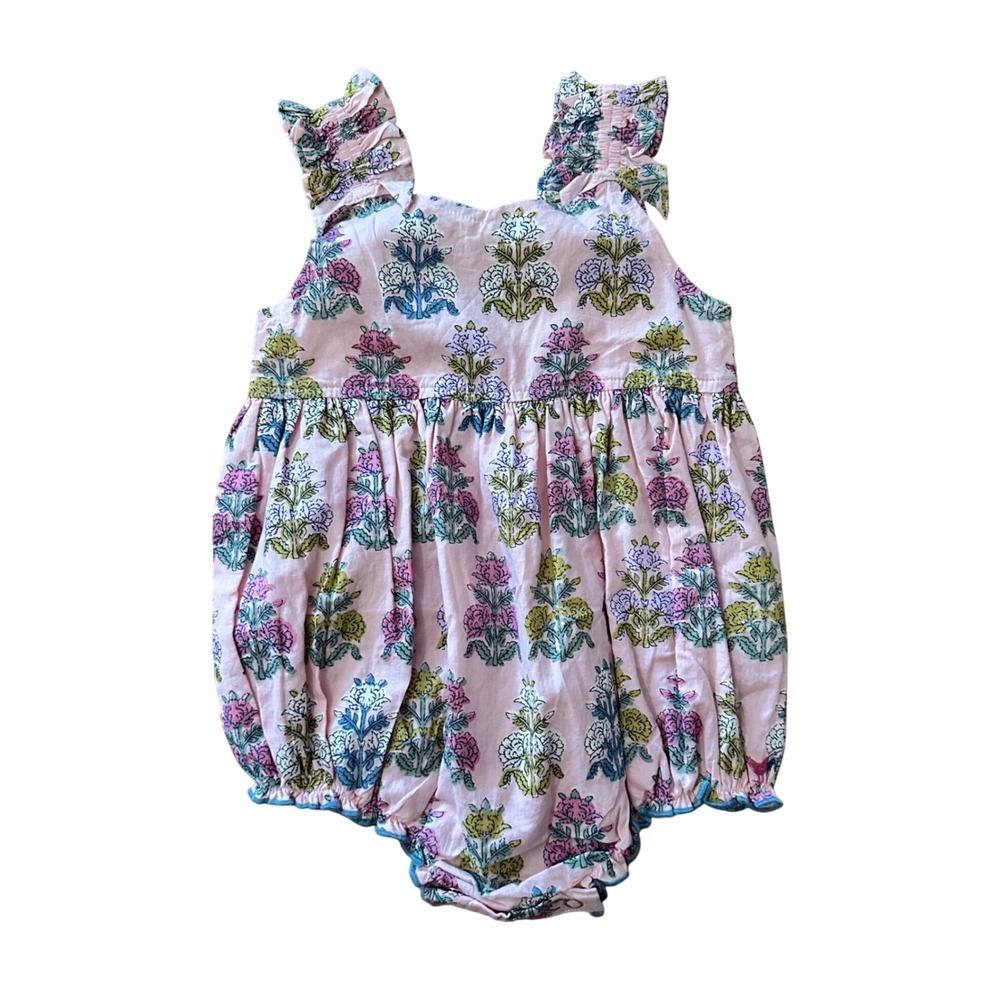 Pink Chicken New York Girls 18-24M Floral Block Print Ruffle Bubble Romper Pink
